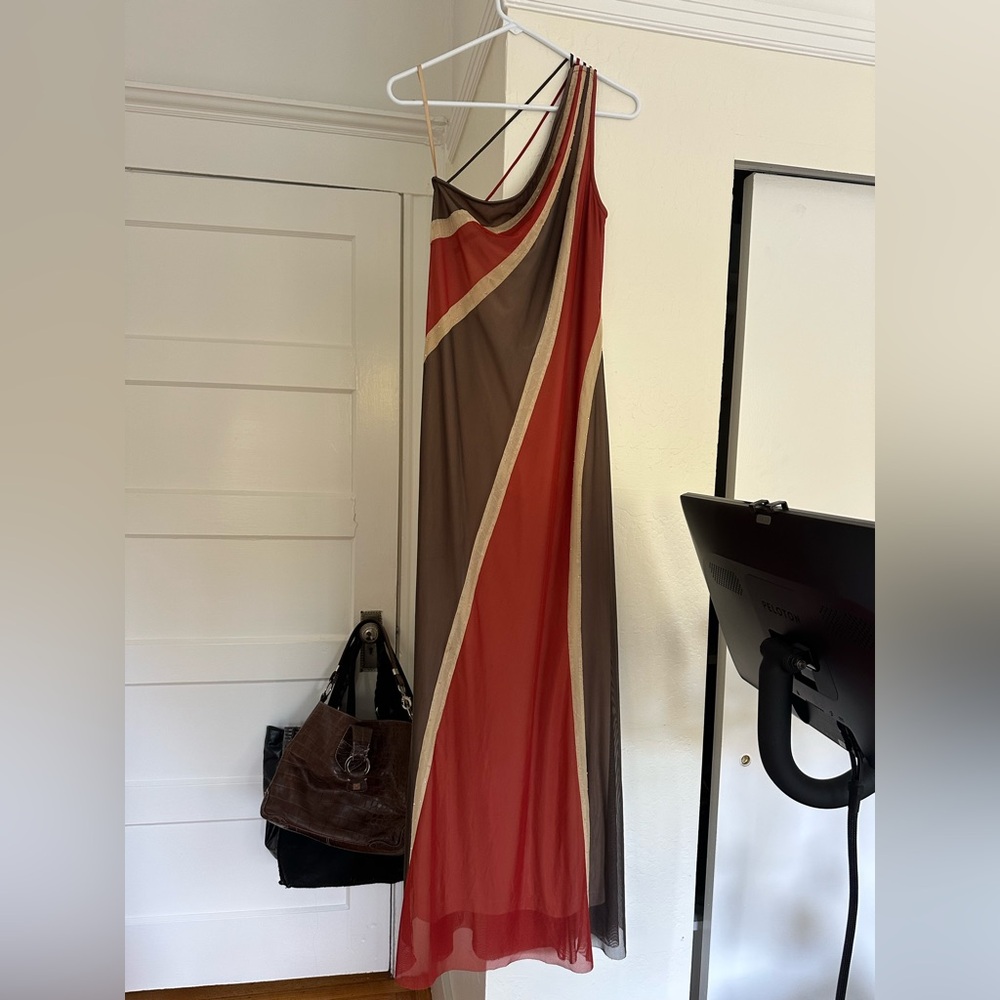 BCBGMaxAzria long mesh one-shoulder dress, size M